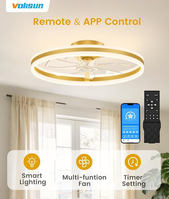VOLISUN Low Profile Ceiling Fans with Lights and Remote, 24in Flush Mount Ceiling Fans with Light, 3000K-6500K Dimmable Fandelier LED Fan Light, Gold Bladeless Ceiling Fans with Lights for Bedroom