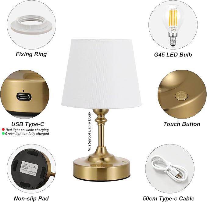 Kakanuo Mini Cordless Table Lamp Gold - 1 Pack 4000mAH Battery Operated Lamp for Decor, 3000K Stepless Dimming Touch Control Rechargeable Lamp for Bedroom, Dining Table, Counter, Living Room