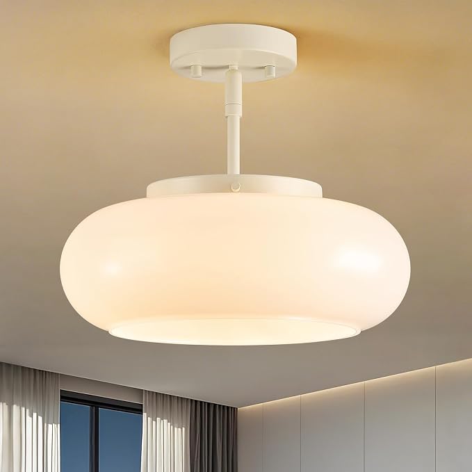 WOKNOS Mid-Century Modern Cream Whit Semi Flush Ceiling Light 12.6 Inch | 3-Light Glass Shade Close to Ceiling Lighting Fixture For Kitchen Entryway Hallway Bathroom Closet Bedroom Laundry Room