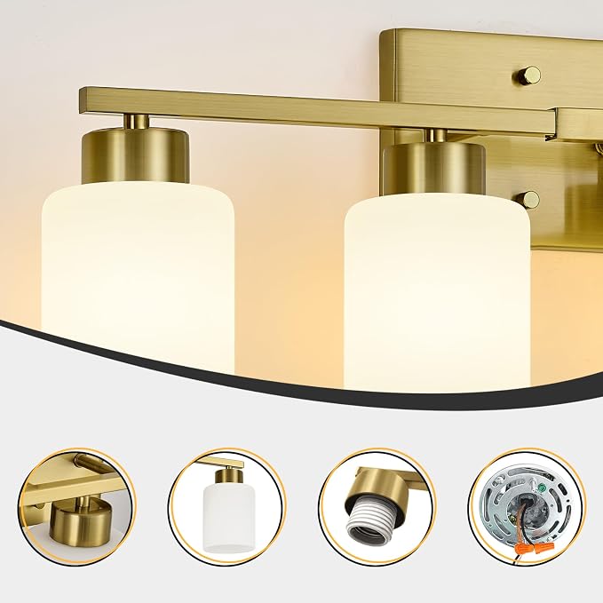 FonmYim Brushed Gold Bathroom Light Fixtures Vanity Lights Over Mirror | Modern 4-Light lighting fixtures for bathroom with Milky White Frosted Glass Shades, E26 Socket (Bulbs Not Included)