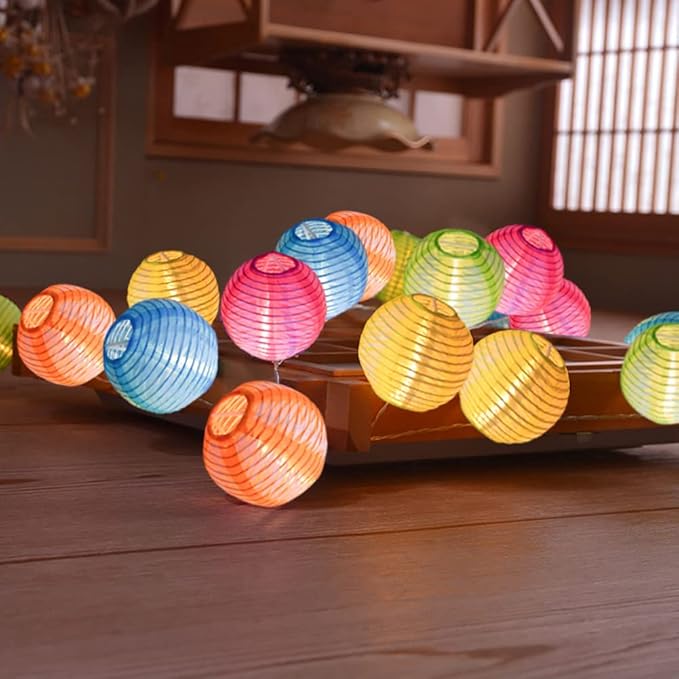 Abeja Nylon Lantern String Lights 8.5 Ft Colorful Print Pattern Light with 10 Multicolor Lanterns for Garden Decorative Lights Indoor Outdoor Patio Party Wedding Bistro Bar Backyard, White Wire