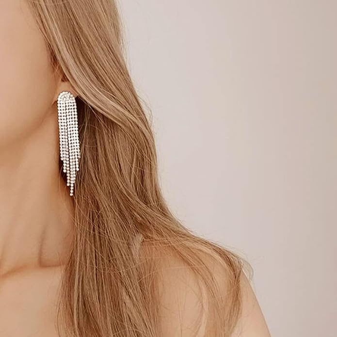 Luxval Rhinestone Earrings Dangling for Women Sparkly Silver Dangle Earrings Girls Long Chandelier Earrings Tassel Lightweight Ear Studs Cubic Zirconia Crystal Statement