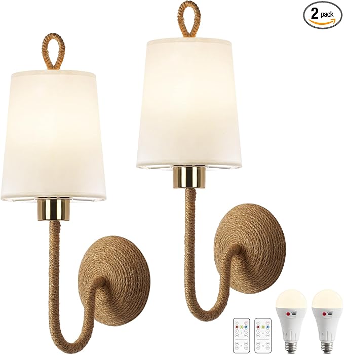 Set of 2 Boho Wall Sconce Lamps – Wireless Cordless LED Wall Lights with Remote, Rechargeable 4500mAh Battery Operated Rattan Gold Light Fixtures for Bedroom, Living Room, Bathroom, or Bedside