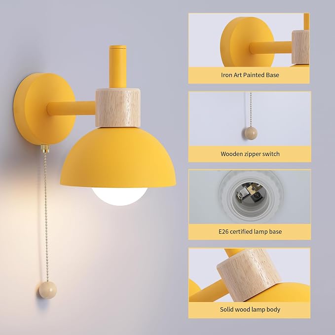 1-Light Nordic Bathroom Wall Sconce with Pull Chain Switch, Modern Vanity Wall Lamp, Bedside Wall Lights for Mirror Kitchen Living Room Hallway Cabinet Porch(Yellow)