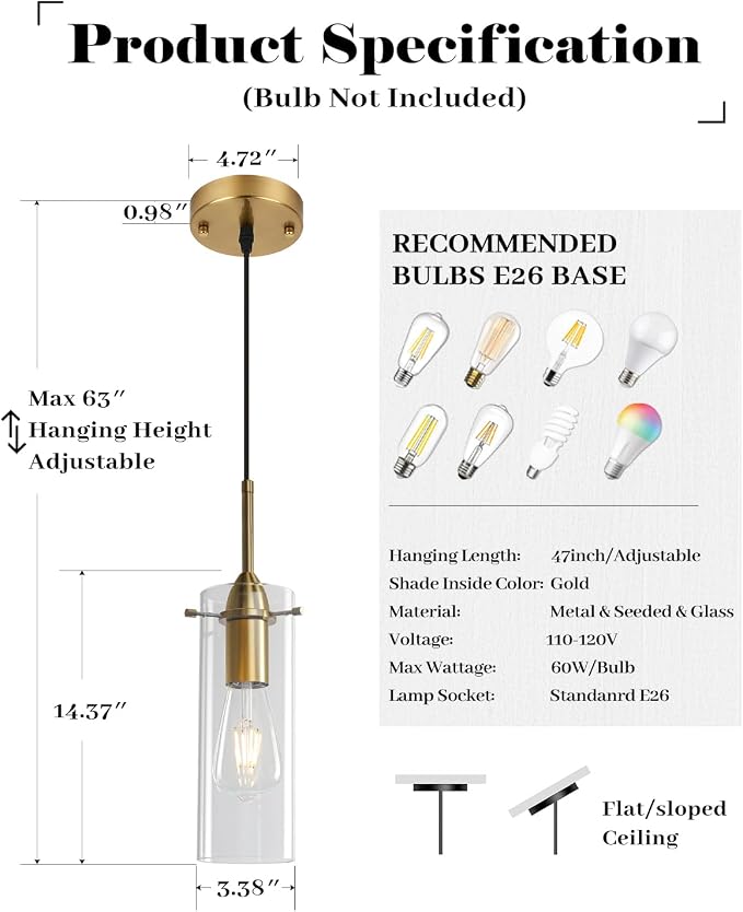 Gold Glass Pendant Lights, Island Pendant Lights for Kitchen, Blown Glass Pendant Light 2 Packs, Modern Kitchen Pendant Light, Hanging Pendant Lights for Kitchen Island, Dining Living Room