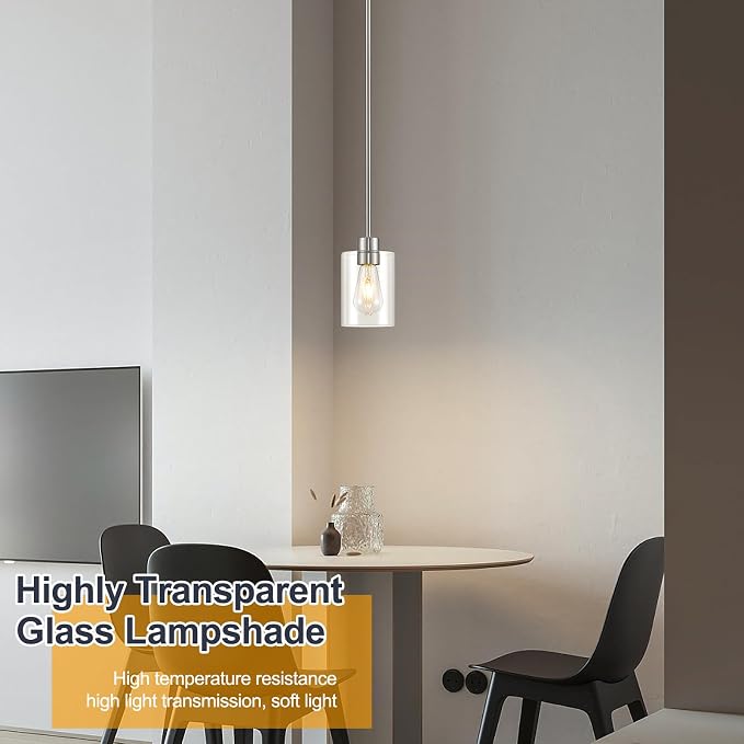 Modern Farmhouse Brushed Nickel Pendant Lights, Mini Hanging Light Fixture with Clear Glass Shade, Adjustable Rods for Kitchen Island, Sink, Bar (1 Pack)