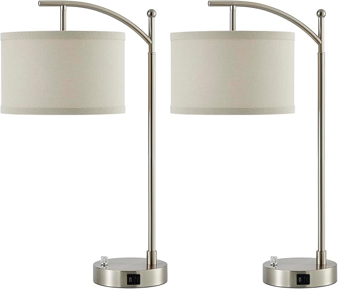 Table Lamp for Living Room Bedroom, 23.5" Table Lamps Set of 2 with USB C+A Ports, Bedside Lamps for Nightstand with Linen Lamp Shades, 2 Dimmable LED Bulbs Included, Silver