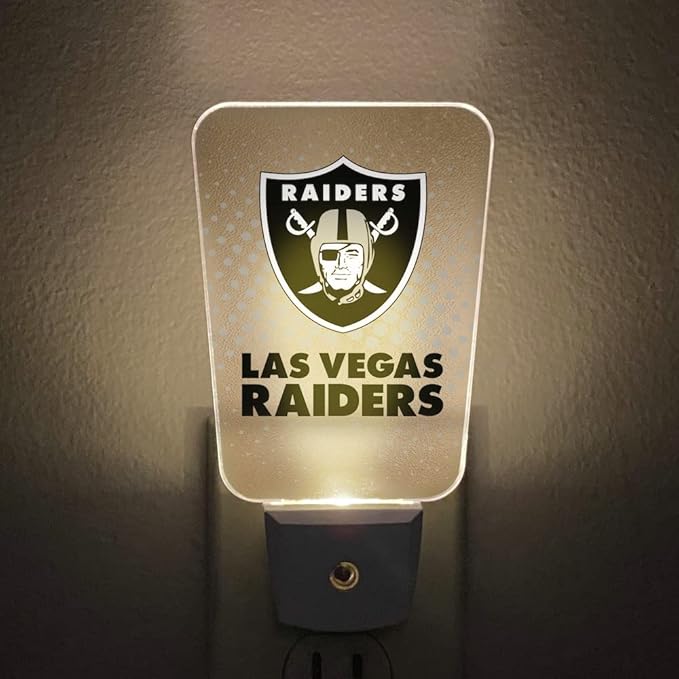 Party Animal NFL Team LED Night Light, with Auto Sensor and 3 Light Settings, Slim 5-Inch Design fits Standard Outlets, Las Vegas Raiders
