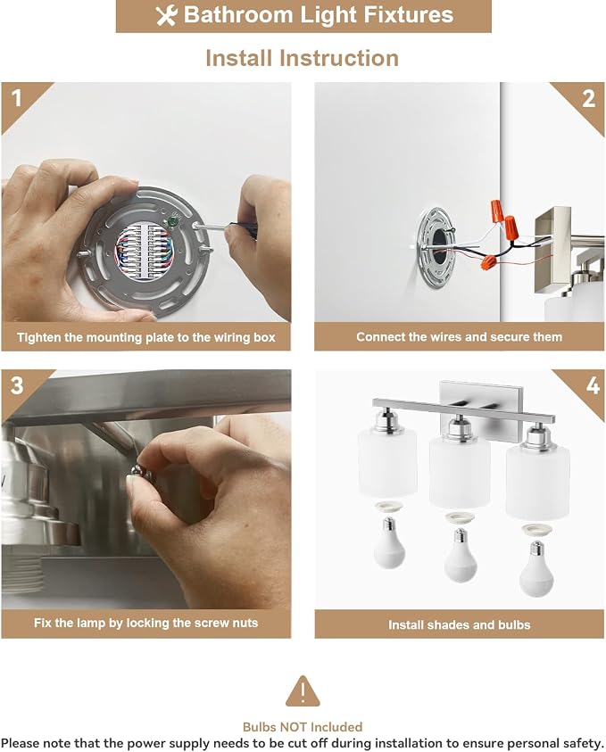 Bathroom Light Fixtures Over Mirror, 3-Light Vanity Lights Brushed Nickel, Modern Bathroom Vanity Light, Glass Shade & Anti-Rust Nickel Finished, Bathroom Light for Small Space