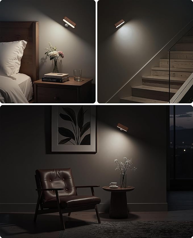 Wood Wall Sconce, Rechargeable Magnetic Wall Lamp, Dimmable | Bedside Reading, 360° Rotation, Stepless Dimming, 4000K Natural Light, Magnetic Installation for Bedroom Wall Lamps