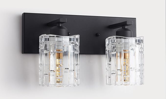 Matte Black Crystal Bathroom Vanity Light,2 Lights Modern Bathroom Wall Light,Over Mirror Light Fixtures for Living Room, Bedroom, Hallway