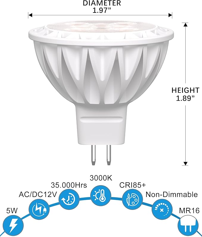 MR16 LED Bulbs 50W Equivalent 5W GU5.3 Spotlight Bulbs 3000K Warm White 38° Beam Angle Non-Dimmable for Landscape, Recessed, and Track Lighting – 12 Pack