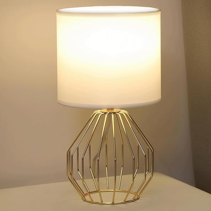 Gold Table Lamp, Small Bedside Nightstand Lamps with White Fabric Shade, Metal Base and ON/Off Switch Desk lamp, Modern Geometric Lamp for Bedrooms Living Room Office Foyer Kids Room