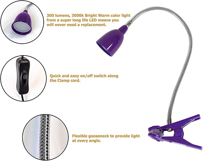 Newhouse Lighting LED Clip on Light/Clamp Lamp/Reading Book Light for Desk, Bed, Office, and Dorm Room, Purple
