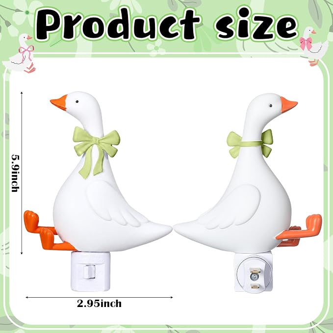 Gerrii Silly Goose Night Light Plug in Green Bow Decorative LED Night Lights Dusk to DAW Cute Goose Decor for Nursery, Kids Bedroom, Bathroom, Birthday Gift Nightlight