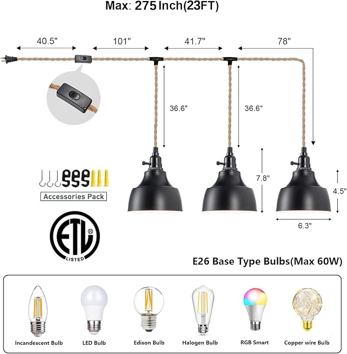3 Light Plug in Pendant Light Cord 22FT Farmhouse Hanging Lamp | Industrial with Twisted Hemp Rope Independent Triple Switch Hanging Light Chandelier for Dining Room