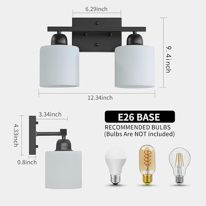 Bath Vanity Lights for Mirror, Restroom Lights Fixtures with Milky White Frosted Glass Shades,Bathroom Over Sink Light Fixtures (Black & Milky White Glass, 2-Light)