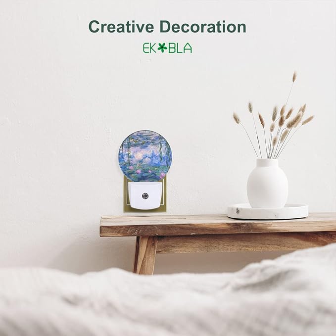 EKOBLA Summer Pond Flowers Night Light Monet Water Lilies French Impressionist Art Print Night Lights Plug into Wall for Girls Boys Room Nightlight Sleep Friendly