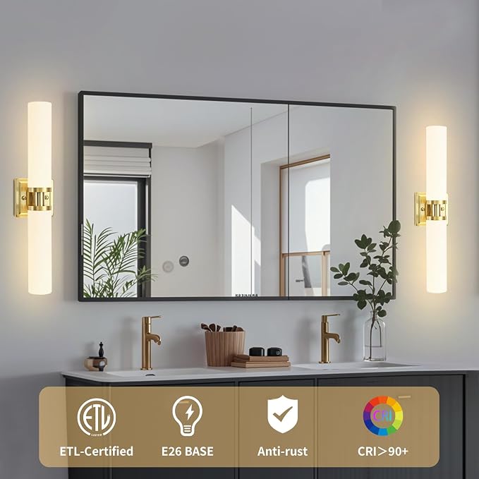 Gold Wall Sconces Set of Two, 32 Inch Bathroom Sconces with Frosted Glass, Modern Sconces Wall Light Fixtures for Bathroom Mirror Living Room Bedroom Hallway (Bulbs Not Included)