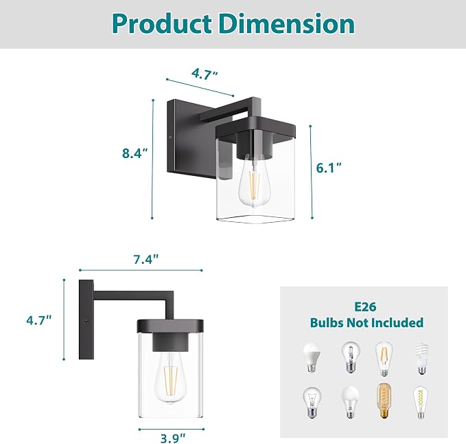 Set of 2 Wall Sconce, Square Design Morden Bathroom Lighting Fixtures with Clear Glass Shade, Matte Black Wall Lights for Living Room/Bedroom/Hallway/Porch
