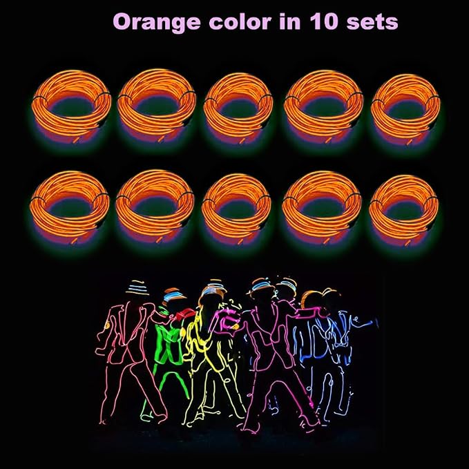 MaxLax EL Wire Orange 10-Pack, 16.4ft/5m Neon Light Wire with Noise Reduction and Battery Pack…