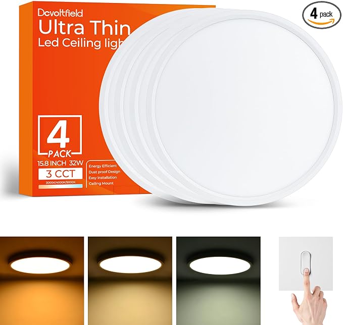 15.8 Inch White LED Flush Mount Ceiling Light Fixture (4 Pcs) | 32W 3200LM, Dimmable Light Brightness, Lower Energy Bills, CRI>88, Eye-Friendly, for Bedroom, Kitchen, Living Room
