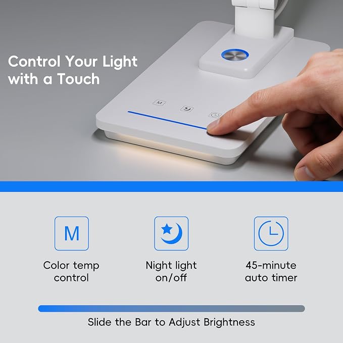 ELECTRI Desk Lamp for Home Office, 5 Color & Stepless Dimming, Eye-Caring | 360° Rotatable, Touch Control, with USB-C Output Port, for Study, Reading, Work, Nail Art, Craft, Puzzle, with Adapter