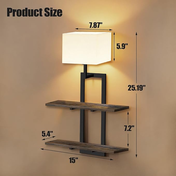Set of 2 Battery Operated Wall Sconce with 2-Tier Shelf, Remote Wireless Rechargeable Dimmable Wall Lights with Floating Shelves, Wall Lamps for Bedroom Living Room Hallway Bathroom Decor