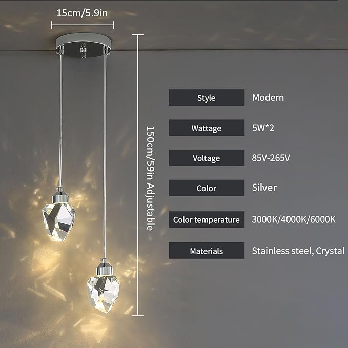 Modern Crystal Pendant Light, Silver Crystal Pendant Light LED 3 Colors for Kitchen Island Bedroom Living Room Dining Room Lighting (Round Base with 2 Heads)