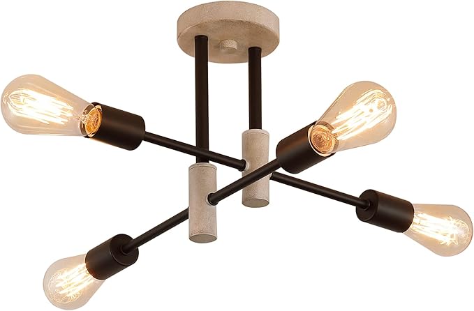 Farmhouse Ceiling Light Fixtures,Oak+Black,4-Lights Rustic Vintage Metal Sputnik Chandelier for Bedroom Living Room Dining Room Kitchen Entryway Hallway Office UL Listed
