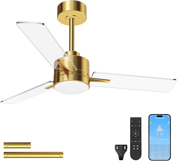 LANMEL Metal Ceiling Fan with Lights and Remote, 42 Inch, Gold & Transp | Modern Low Profile Flush Mount, Reversible, 3CCT Dimmable, Quiet, LED, For Bedroom, Living Room, Indoor/Outdoor Patio Use