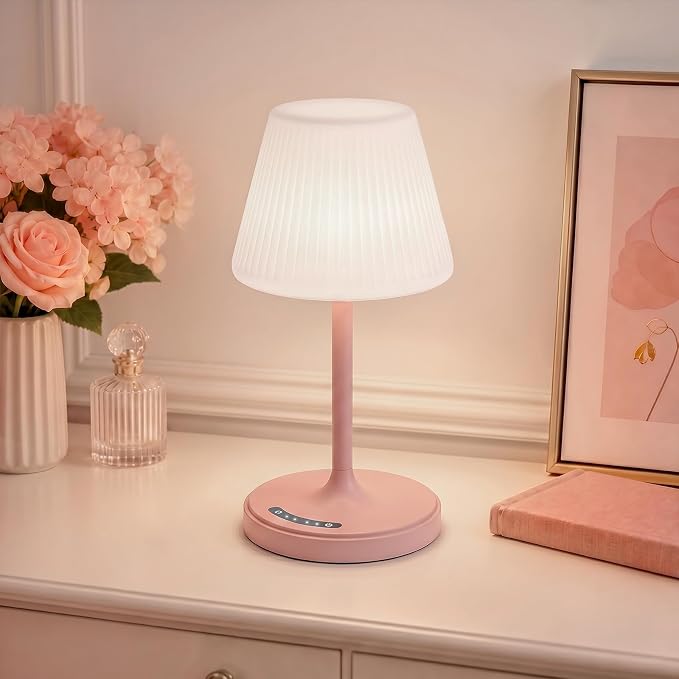 Waterproof Shower Lamp, 4000mAh Cordless Table Lamp, 3-Color Dimmable -Pink | touch dimmable, weighted base, bathroom shower light, patio dinner, RV camping, charge your phones, memory night light