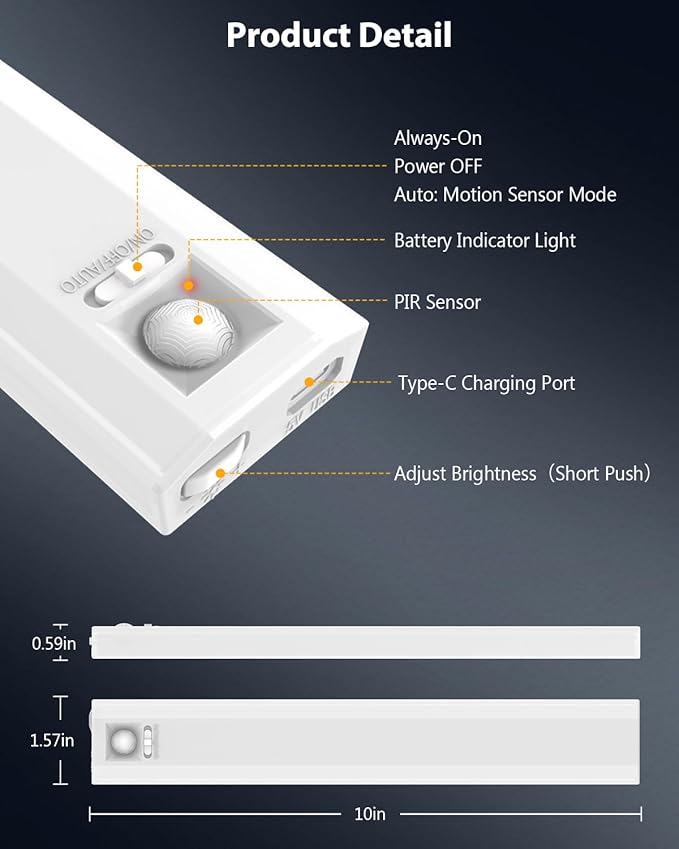 10” Under Cabinet Lighting, 68LEDS Motion Sensor Light Indoor, Rechargeable Battery Magnetic Closet Light, Wireless Under Counter Lights for Kitchen, Stairs, 4-Pack Daylight