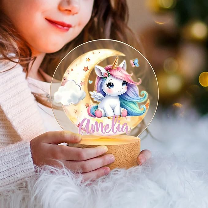 Personalized LED Night Light - Custom Name & 20 Patterns, Cute Unicorn Lamp with Wooden Base for Bedroom Decor, Gifts for Kids Girls Boys