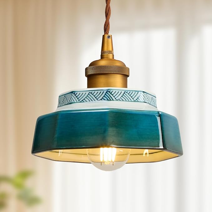 Vintage Ceramic Pendant Light, 5.9" Farmhouse Hand-Painted Hanging Light with Gold Metal, Antique Ceramic Pendant Lighting for Kitchen Island, Dining Room, Bedroom Bedside, Cafe (Teal)