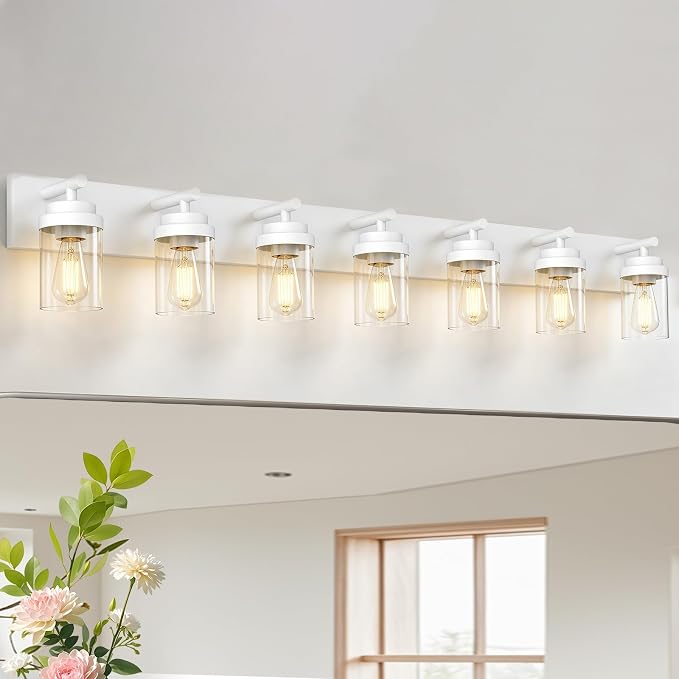 IZORRO Bathroom Vanity Light Fixture, 7-Light 52 inch White Bathroom Light Fixtures Over Mirror, with Clear Glass Shade, Modern Farmhouse Vanity Lights, Rustic Restroom Lighting Fixtures