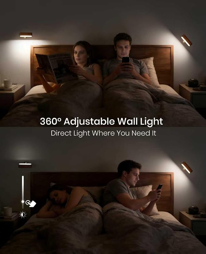 Rechargeable Wall Sconce, Reading Light for Bed, Magnetic Wood Lamp | Bedside Reading, 360° Rotation, Stepless Dimming, 4000K Natural Light, Magnetic Installation for Bedroom Wall Lamps