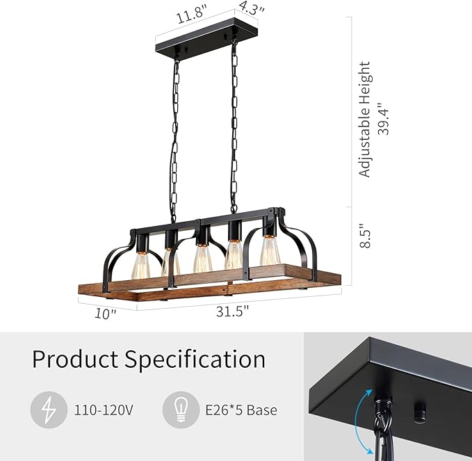 WUZUPS 5-Light Metal Chandelier Imitation Wood Grain Linear Pendant Ceiling Lighting Rustic Farmhouse Fixture Kitchen Island Dining Room, H 8.5" L 31.5" W10, E26 Base, Black & Retro Wood
