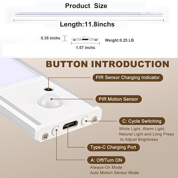 12 inch Under Cabinet Lighting 4 Pack, Wireless Motion Sensor LED Closet Light with Remote, USB-C Rechargeable, 3 Color Temperatures, Magnetic Mount for Kitchen Pantry Wardrobe Counter