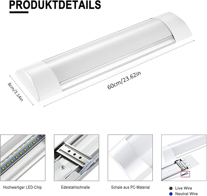 Sararoom 2FT Wraparound Shop Light, 20W LED, 2400lm, 3200K Warm White, 60cm 23.6inch LED Garage Closet Light for Office Home Basement