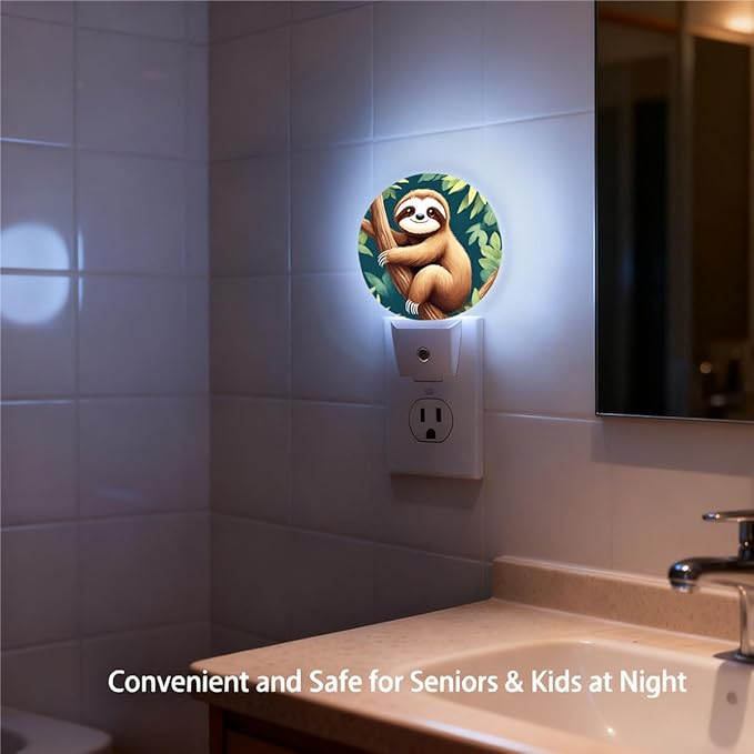 Plug-in Cute Sloth Night Light Tropical Jungle Nightlight with Dusk to Dawn Sensor, Auto On/Off 0.5W Energy-Saving LED Lighting for Men Women Boys Girls Gift