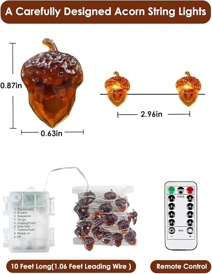 Acorn Fall Lights Battery Operated LED String Lights with Remote & Timer | 8 Modes, IP44 Waterproof, 10FT 30 LED Fall Fairy Lights Twinkle for Harvest Thanksgiving Halloween Party Indoor Outdoor Decor