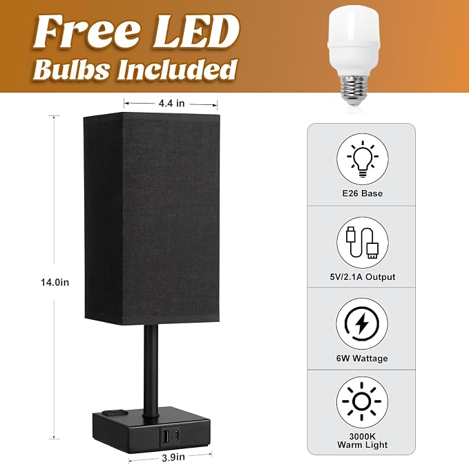 3000K Black Table Lamp for Bedroom - Dimmable Touch, USB C+A, AC Outlet | 3-Way Dimming, 3000K Warm White Bulb Included, Nightstand Lamp with Square Linen Shade, Small Room Decor for Men, Boys, Desk