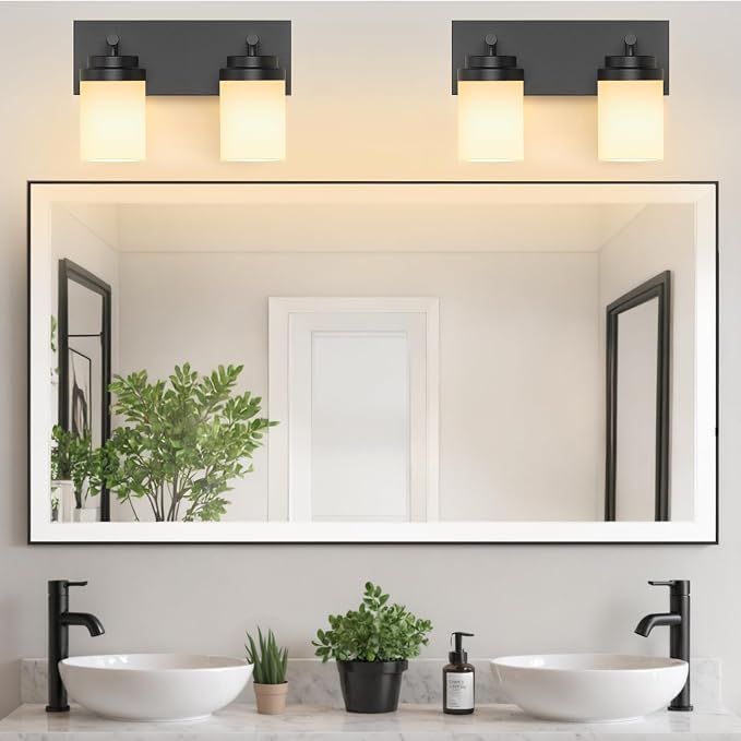 IZORRO Bathroom Vanity Light Fixture, 2-Light 15 Inch Matte Black Bathroom Light Fixtures Over Mirror, with White Glass Shade, Modern Farmhouse Vanity Lights, Rustic Restroom Lighting Fixtures