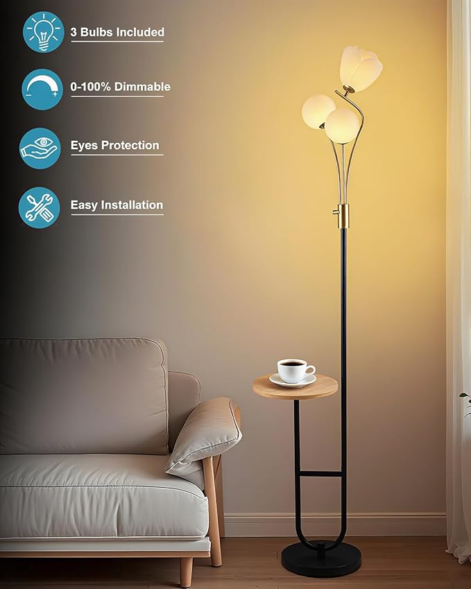Lightdot 65IN Floor Lamp with Tray Dimmable LED Floor Lamps with 3000K Bulbs Included, Unique Metal Pole Mid Century Modern Tall Standing Lamp for Living Room/Bedroom/Sofa Beside/Corner Decor