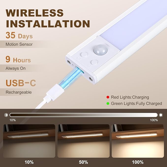 12 Inch Under Cabinet Light , USB Rechargeable Dimmable Motion Sensor LED | Clip-On Adhesive Wireless Mount, Tool-Free Install for Kitchen, Pantry, Wardrobe, Counter, Hallway, Stairs