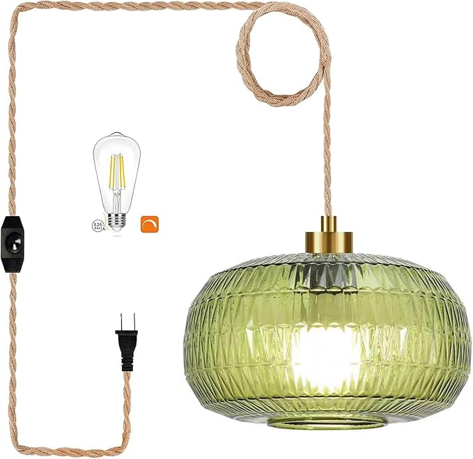 Plug in Pendant Light Glass Hanging Lights with Plug in Cord Boho Hanging Lamp Gold Mid Century Modern Vintage Dimmable Green Flower Plug in Chandelier Ceiling Fixture for Living Room,Kitchen