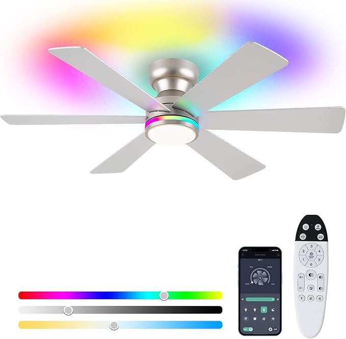 46" 6-Blade Silver Low Profile RGB Ceiling Fan with Light and Remote/APP | 11 RGB Modes,Reversible 6 Wind Speeds,Dimmable 3 CCT LED, 25W Quiet DC Motor,Timer,6 Double-Sided Blades,for Kidsroom Party