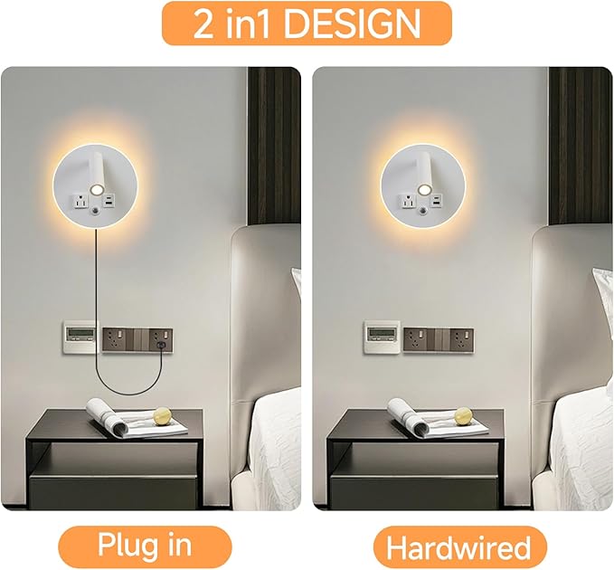 LED Round Wall Lamp Dimming Wall Mounted Reading Lights, Adjustable Headboard Plug in Wall Sconce with USB+USB C Ports, Headboard Bedside Lamp with 6W+3W Night Light 3000K (White)