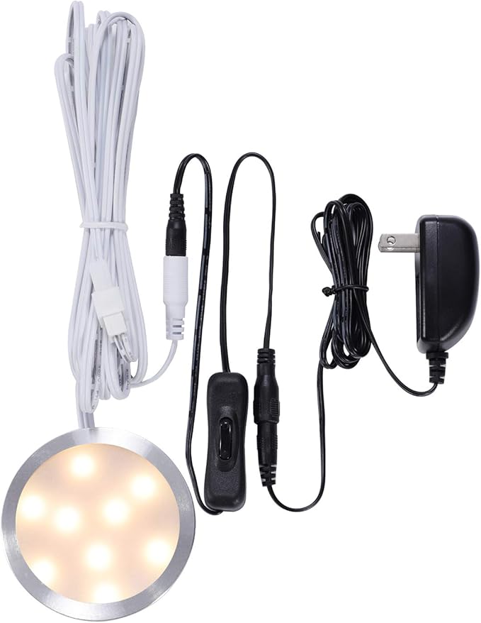AIBOO 12V LED Under Cabinet Puck Lights Plug in, with Manual Switch, Single Puck LED Light for Closet,Counter,Showcase,12Vdc Low Voltage Wall Plug (Warm White)